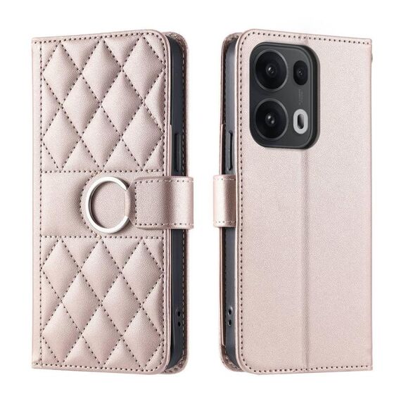 Per OPPO Reno13 Pro 5G Custodia per telefono in pelle con fibbia ad anello e rombi (oro rosa)