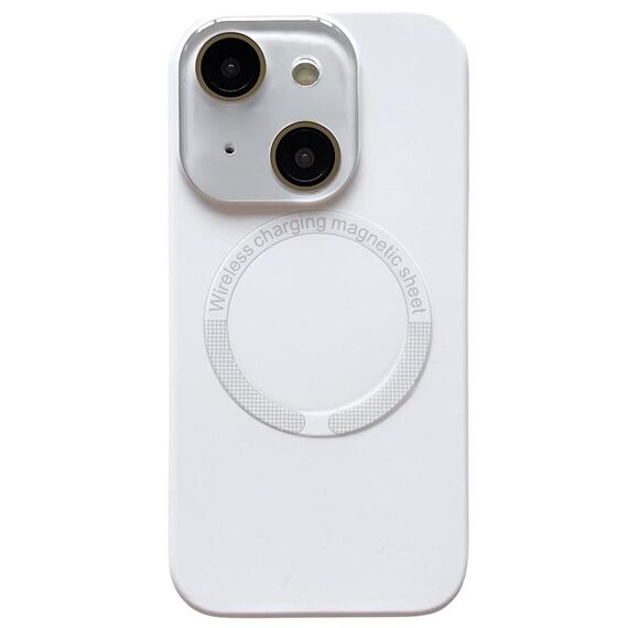 Per iPhone 15 Plus Custodia per telefono in silicone MagSafe con lente in vetro acrilico e finestra piccola (bianca)