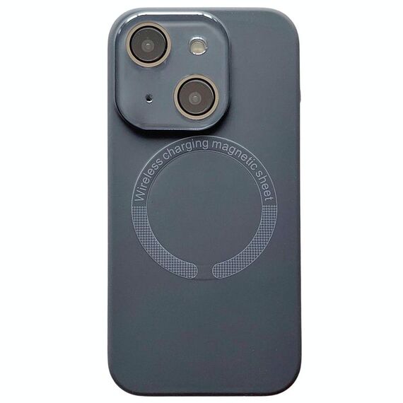 Per iPhone 15 Plus Custodia per telefono in silicone MagSafe con lente in vetro acrilico e finestra piccola (nero carbonio)