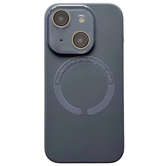 Per iPhone 15 Custodia per telefono in silicone MagSafe con lente in vetro acrilico e finestra piccola (nero carbonio)