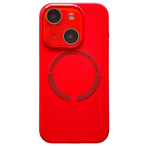 Per iPhone 14 Plus Custodia per telefono in silicone MagSafe con lente in vetro acrilico e finestra piccola (rosso)