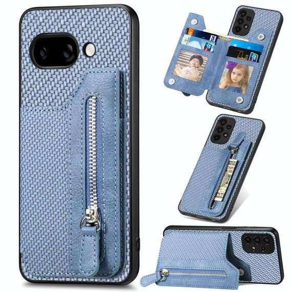 Per Google Pixel 9a Custodia per telefono con cerniera a portafoglio orizzontale in fibra di carbonio (blu)