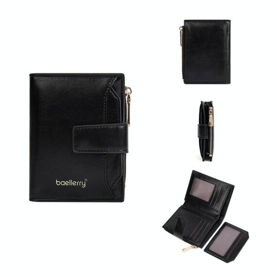 Baellerry N5122 Portafoglio corto da donna in pelle cerata con cerniera e portamonete (nero)