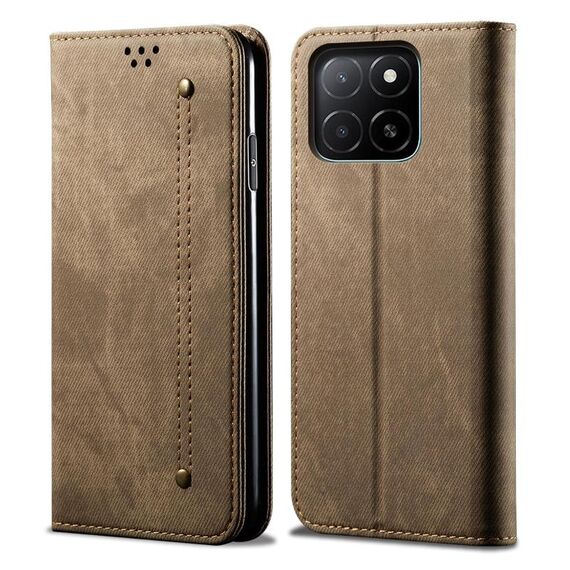 Custodia per telefono in pelle flip con texture denim per Honor X8c 4G (cachi)