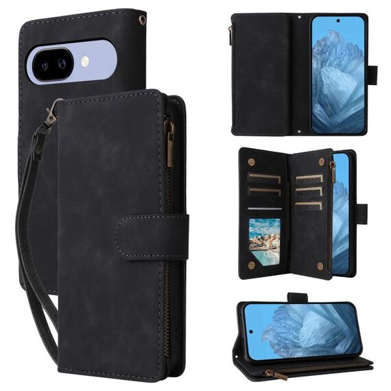 Per Google Pixel 9a Custodia in pelle per telefono multifunzionale con portafoglio multi-carta (nero)
