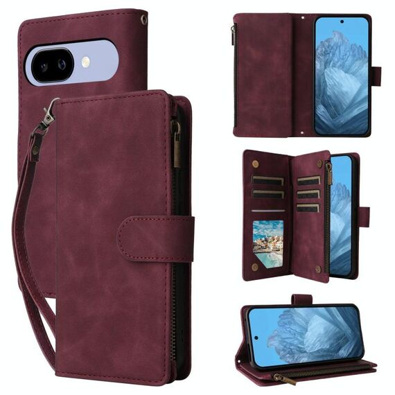 Per Google Pixel 9a Custodia in pelle per telefono multifunzionale con portafoglio multi-carta (rosso vino)