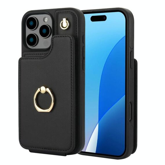 Per iPhone 16 Pro YM005 Custodia per telefono con custodia per carte di credito e cordino lungo (nero)