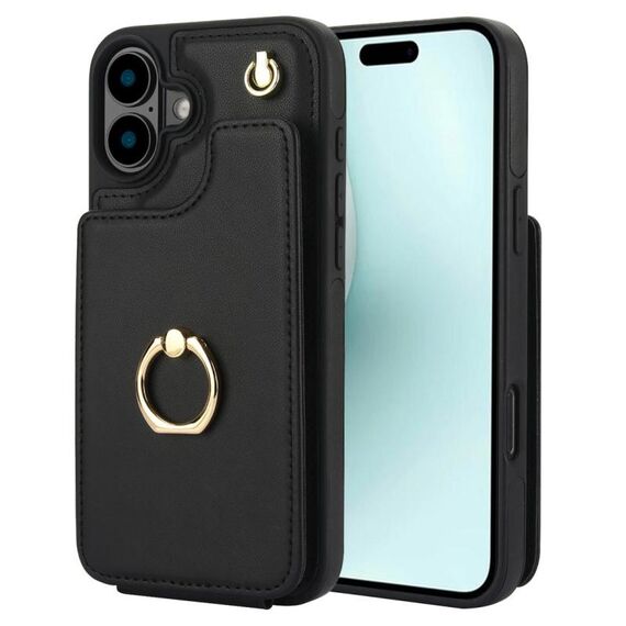 Per iPhone 16 Plus YM005 Custodia per telefono con custodia per carte di credito e cordino lungo (nero)