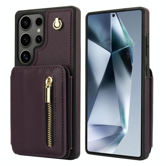 Per Samsung Galaxy S25 Ultra 5G YM006 Custodia per telefono con cerniera e doppio cordino (viola scuro)