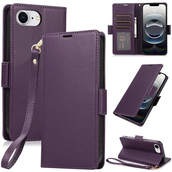 Per iPhone 16e Custodia in pelle antifurto con fibbia laterale RFID (viola scuro)