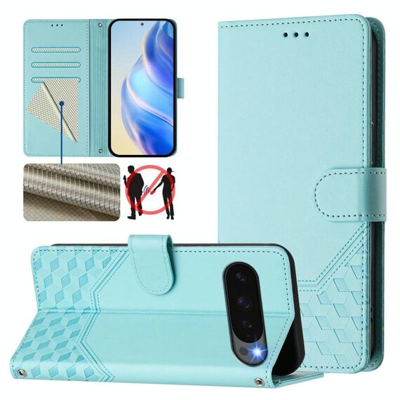 Per Google Pixel 10 Pro XL 5G Custodia per telefono in pelle con stampa a nido d'ape RFID globale (verde menta)