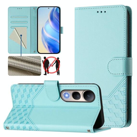 Per vivo V50 Lite 5G Custodia per telefono in pelle con stampa a nido d'ape RFID (verde menta)