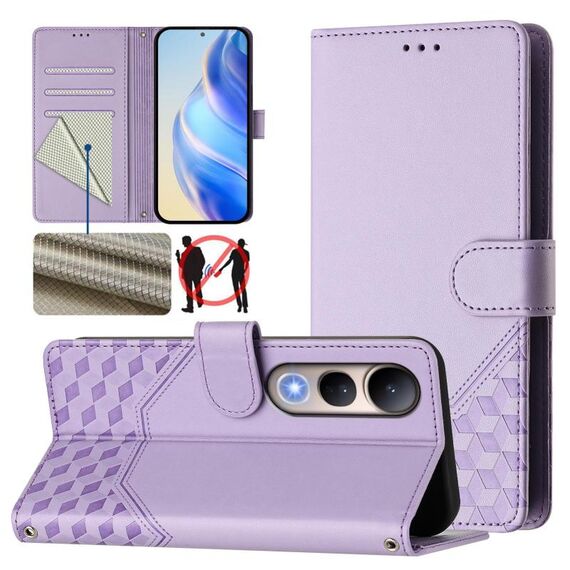 Per vivo V50 Lite 5G Custodia per telefono in pelle con stampa a nido d'ape RFID (viola chiaro)