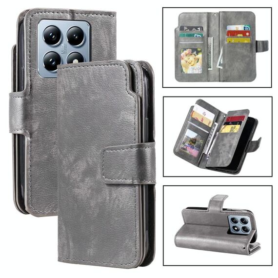 Per Xiaomi 14T Pro Tri-Fold 9-Card Wallets Custodia per telefono in pelle (grigio)
