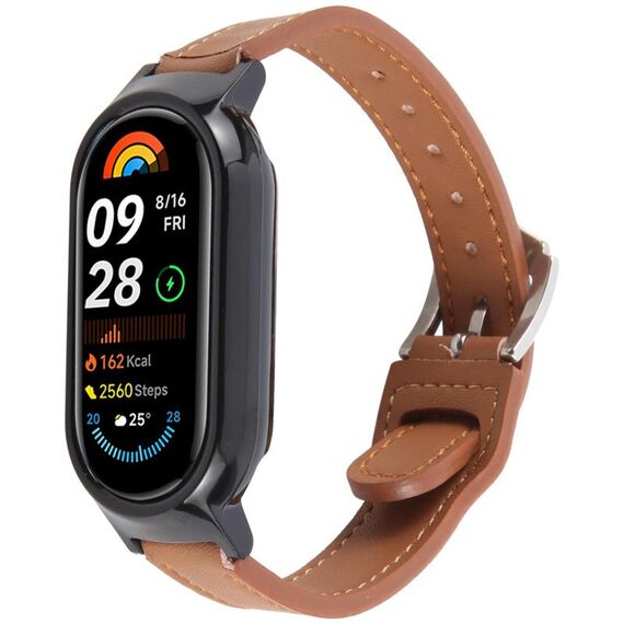 Per Xiaomi Smart Band 9 Custodia per PC Cinturino in pelle microfibra integrato (nero + marrone)