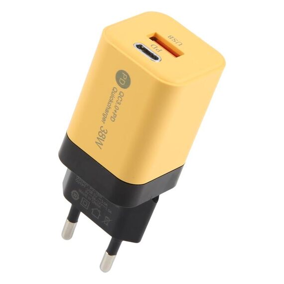 KO-72 38W QC3.0 USB e USB-C / Type-C PD Caricabatterie rapido, spina UE (giallo)