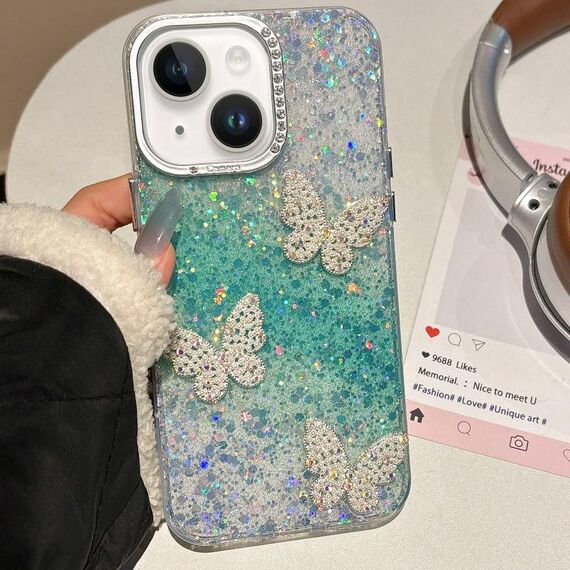 Per iPhone 15 Plus Custodia per telefono IMD con farfalle e cielo stellato sfumato (verde)