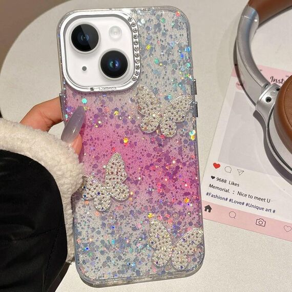 Per iPhone 15 Plus Custodia per telefono IMD con farfalle e cielo stellato sfumato (rosa)