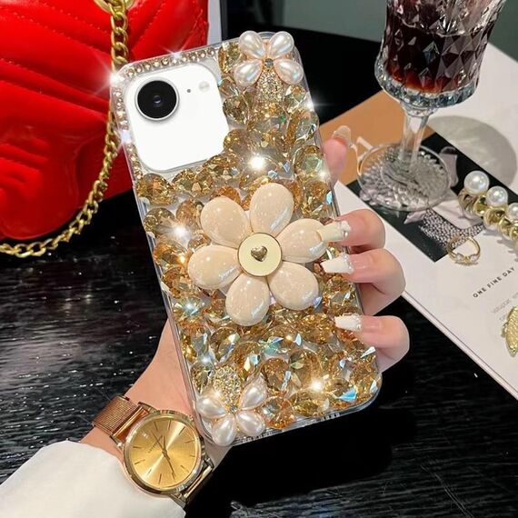 Per iPhone 16e Custodia per telefono PC con supporto per girasole e diamanti incastonati (oro)