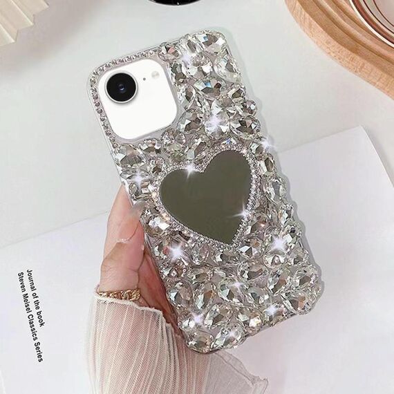 Per iPhone 16e Custodia per telefono PC con strass scintillanti fatti a mano e specchio (amore grigio argento)