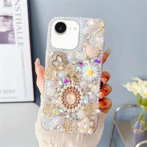 Per iPhone 16e Custodia per telefono in PC con diamanti intarsiati rosa (bianco)