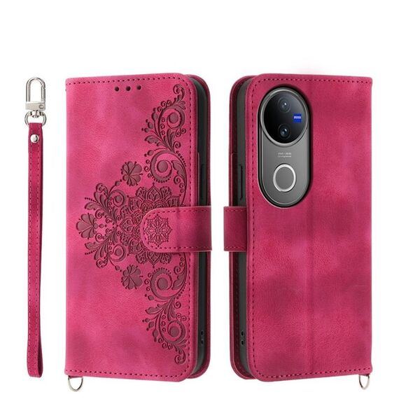 Per vivo V50 Custodia in pelle con motivo floreale in rilievo (rosso vino)