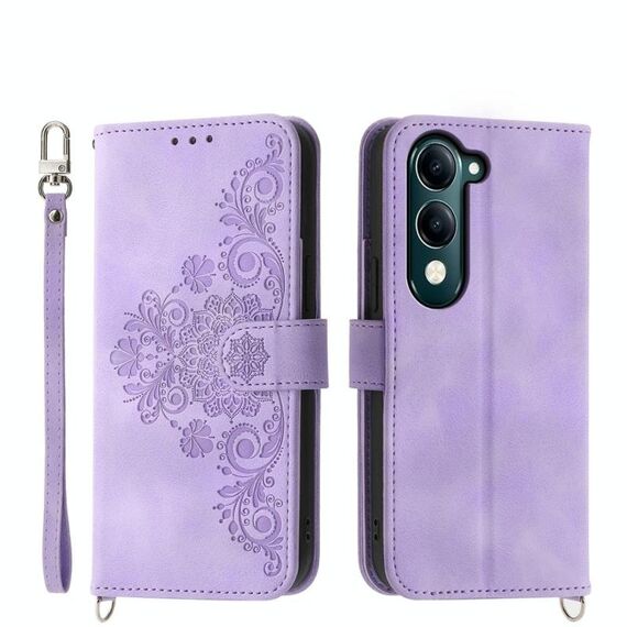 Per vivo Y29s 5G / Y04 4G Custodia in pelle con motivo floreale in rilievo (viola)