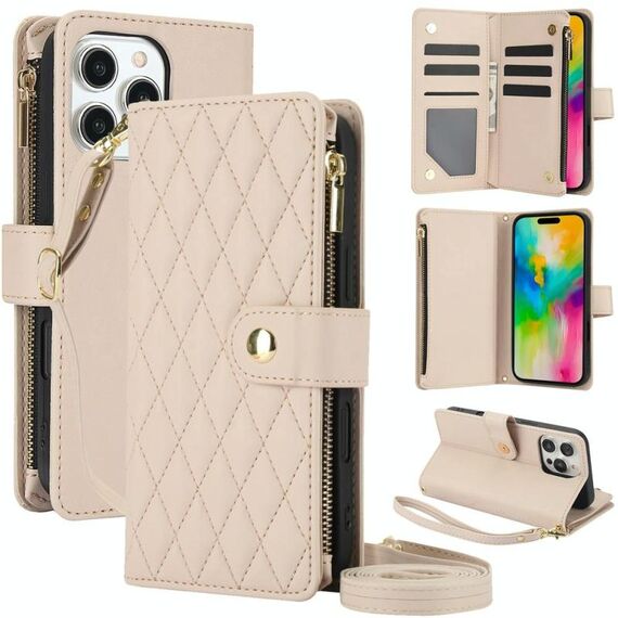 Per iPhone 16 Pro Max YM016 Custodia per telefono in pelle con cerniera rombica e cordino (albicocca)