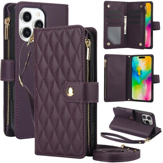 Per iPhone 16 Pro YM016 Custodia per telefono in pelle con cerniera rombica e cordino (viola scuro)