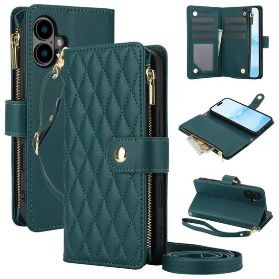 Per iPhone 16 Plus YM016 Custodia per telefono in pelle con cerniera rombica e cordino (verde)