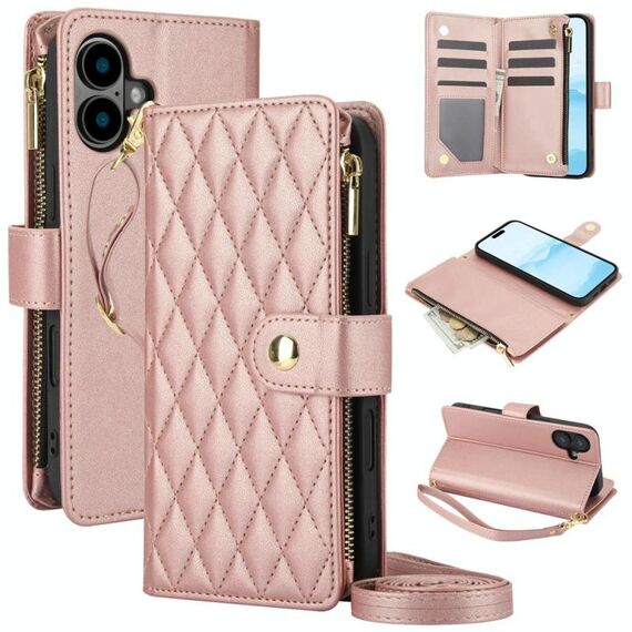 Per iPhone 16 Plus YM016 Custodia per telefono in pelle con cerniera rombica e cordino (oro rosa)