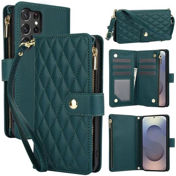 Per Samsung Galaxy S25 Ultra 5G YM016 Rhombic Zipper Card Wallet Custodia per telefono in pelle con cordino (verde)