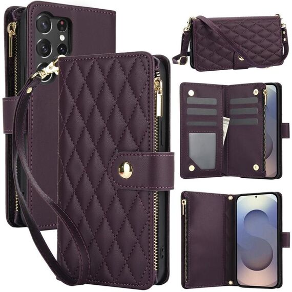 Per Samsung Galaxy S25 Ultra 5G YM016 Custodia per telefono in pelle con cerniera rombica e cordino (viola scuro)