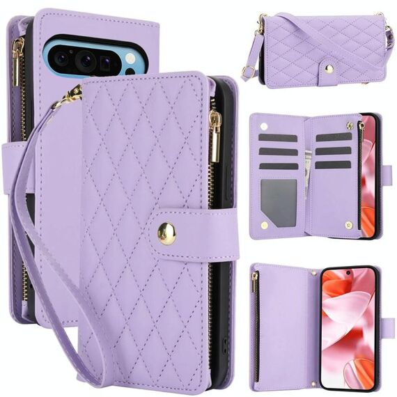 Per Google Pixel 9 / 9 Pro YM016 Custodia per telefono in pelle con cerniera rombica e cordino (viola chiaro)