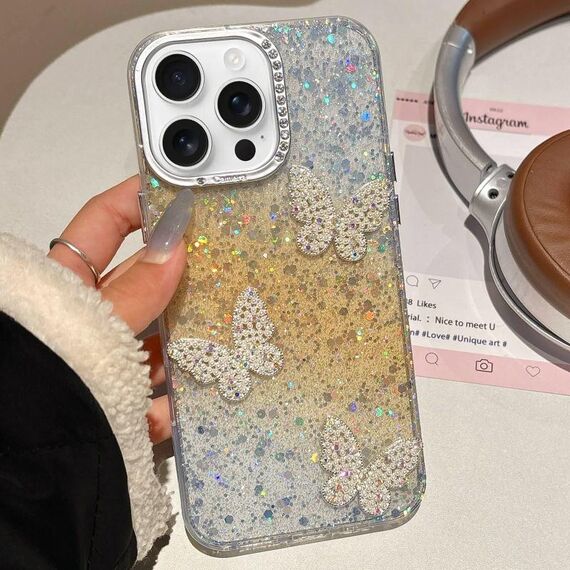 Per iPhone 15 Pro Max Custodia per telefono IMD con farfalle e cielo stellato sfumato (giallo)