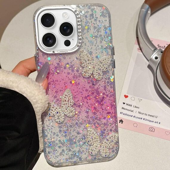 Per iPhone 15 Pro Max Custodia per telefono IMD con farfalle e cielo stellato sfumato (rosa)