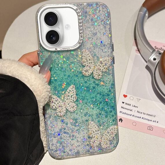 Per iPhone 16 Custodia per telefono IMD con farfalle e cielo stellato sfumato (verde)