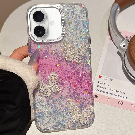 Per iPhone 16 Plus Custodia per telefono IMD sfumata con cielo stellato e farfalle (rosa)