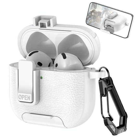 Per AirPods 4 Custodia per auricolari wireless in pelle con gancio e supporto (bianco)