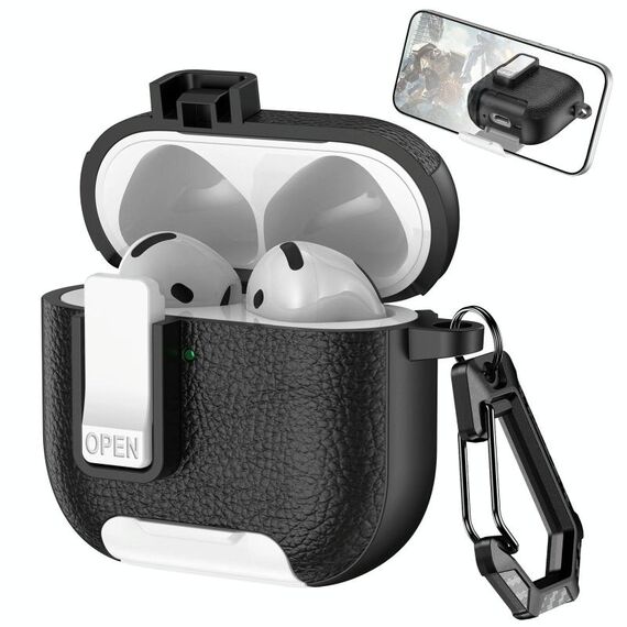 Per AirPods 4 Custodia per auricolari wireless in pelle con gancio e supporto (nero bianco)