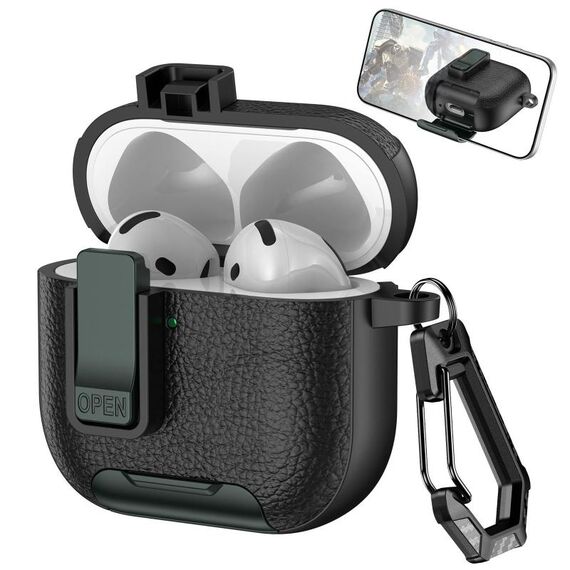 Custodia per auricolari wireless AirPods 4 in pelle con gancio e supporto (nero verde militare)