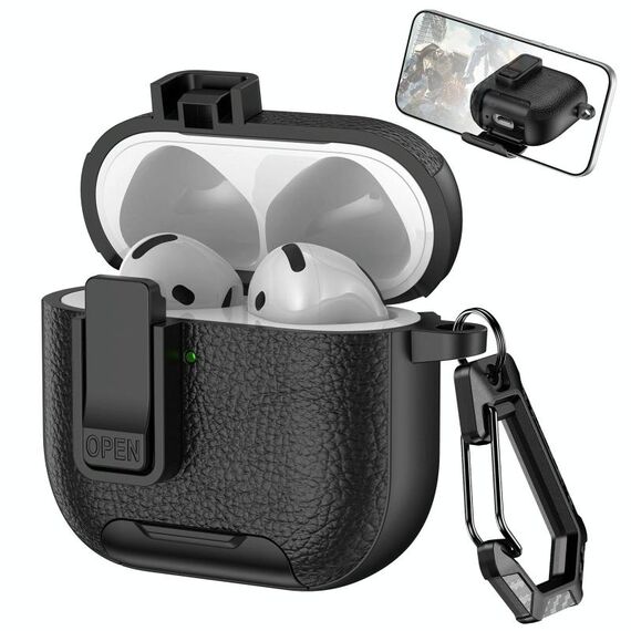 Per AirPods 4 Custodia per auricolari wireless in pelle con gancio e supporto (nero)