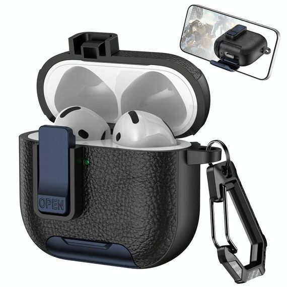 Per AirPods 4 Custodia per auricolari wireless in pelle con gancio e supporto (nero blu scuro)