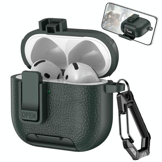 Custodia per auricolari wireless AirPods 4 in pelle con gancio e supporto (verde militare)