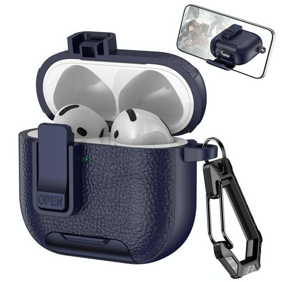 Per AirPods 4 Custodia per auricolari wireless in pelle con gancio e supporto (blu scuro)
