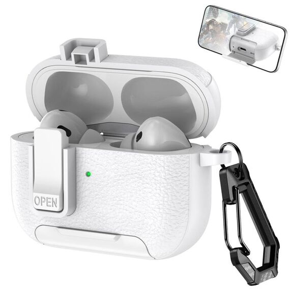 Per AirPods Pro 2 Custodia per auricolari wireless in pelle con gancio e supporto (bianco)