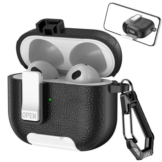 Per AirPods 3 Custodia per auricolari wireless in pelle con gancio e supporto (nero bianco)