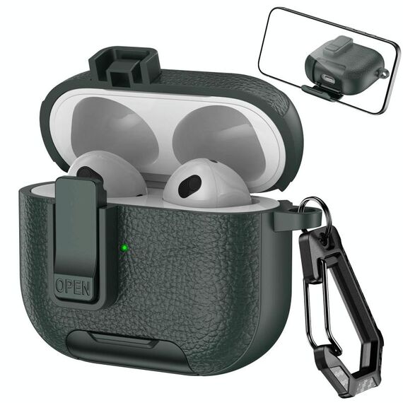 Custodia per auricolari wireless AirPods 3 in pelle con gancio e supporto (verde militare)