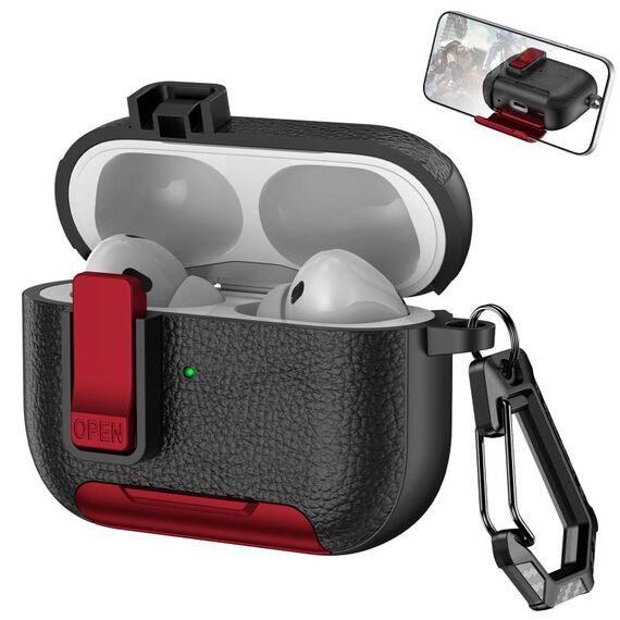 Per AirPods Pro Custodia per auricolari wireless in pelle con gancio e supporto (nero rosso)