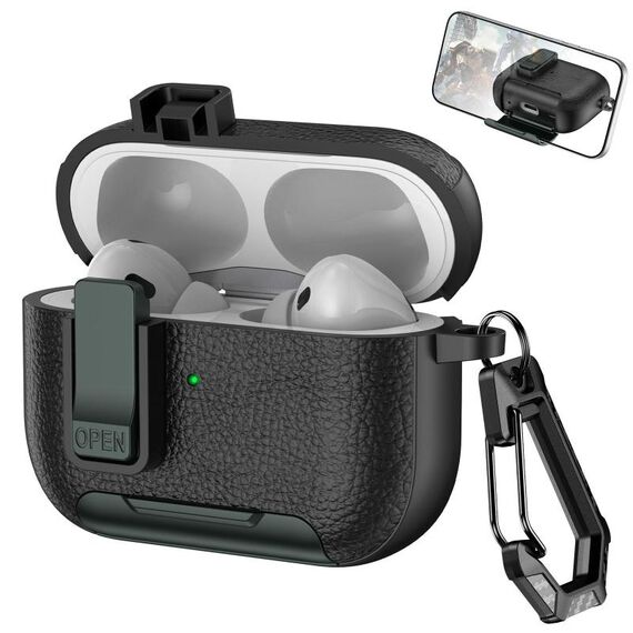 Custodia per auricolari wireless AirPods Pro in pelle con gancio e supporto (nero verde militare)